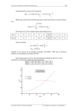 Colección de problemas de Ingeniería Fluidomecánica. 248
Dto. de Ing. Nuclear y Mecánica de Fluidos E.U. Politécnica de Donostia – San Sebastián.
Sustituyendo los valores en la expresión.
852
,
1
3
2
3
.
10
.
32
,
1
.
10
.
634
,
3
3






−






−
+
+
=
s
l
s
l
i Q
Q
Hm
b) Hay que seleccionar la bomba para que la altura del chorro sea como mínimo
8 m.
h ≥ 8 m
Como:
2
3
2
.
10
.
0193
,
2
2 





−
=
=
s
l
c
Q
g
V
h
Por tanto Q ≥ 62, 94 l/s dando valores para dibujar la cci.
Q(l/s) 0 20 30 40 50 60 62.94 70 80 90
Hmi(m) 3 4.8 7 10 13.93 18.7 20.23 24.26 30.7 37.9
Punto solicitado:
m
H
h
m
s
l
Q
mB 23
,
20
6
,
226
94
,
62
3
≥
⇒
=
=
mirando en las curvas de las bombas aportadas 150-250bF: 1400 rpm, la bomba a
instalar es la de diámetro de rodete 256 mm.
c) Se toman puntos de la cc. de esta bomba para dibujarla sobre la cc de la
instalación y determinar el punto de funcionamiento.
Q(l/s) 40 50 60 70 80 90
H(m) 22 22 22 21,8 21 19,7
0 20 40 60 80 1
00
0
10
20
30
40
Curv
asca
racte
rística
s
delab
om
baein
sta
lación
Hmi(m)
Hmb(m)
H
(m)
Q(l/s)
 