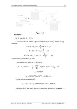 Colección de problemas de Ingeniería Fluidomecánica. 251
Dto. de Ing. Nuclear y Mecánica de Fluidos E.U. Politécnica de Donostia – San Sebastián.
Figura 10.3.
Resolución
a) Se necesita: Q3 = 50 l/s.
Aplicando Bernoulli entre el depósito sobrepresor y el nudo, y entre el nudo y
cada rama:
N
c
c
N
c B
hf
P
z
B
hf
B =
−
+
⇒
=
− 1
1
γ
(1)
γ
E
E
E
N
P
z
B
hf
B +
=
=
− 3 (2)
g
V
z
B
hf
hf
B
boq
D
D
boquilla
N
2
2 +
=
=
−
− (3)
Continuidad en el nudo: Q1 = Q2 + Q3.
Tuberías de acero comercial: ε = 0,006 cm.
D2 = D3 = 200 mm → 130
10
.
3
0003
,
0
20
006
,
0 4
=
⇒
=
=
= −
HW
C
D
ε
6
1 10
.
17
,
9 −
=
J
( ) mca
hf 4244
,
6
50
.
500
.
10
.
17
,
9
852
,
1
6
3 =
= −
Sustituyendo en la ecuación (2):
mca
hf
BN 4244
,
651
4244
,
6
645
20
625 3 =
+
=
+
+
=
Sustituyendo en (3) se podrá conocer el caudal que circulará por la tubería “2”.
 