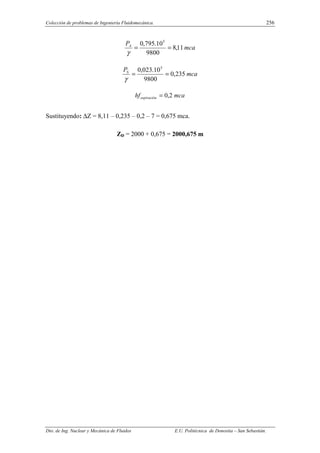 Colección de problemas de Ingeniería Fluidomecánica. 256
Dto. de Ing. Nuclear y Mecánica de Fluidos E.U. Politécnica de Donostia – San Sebastián.
mca
PA
11
,
8
9800
10
.
795
,
0 5
=
=
γ
mca
PS
235
,
0
9800
10
.
023
,
0 5
=
=
γ
mca
hfaspiración 2
,
0
=
Sustituyendo: ∆Z = 8,11 – 0,235 – 0,2 – 7 = 0,675 mca.
ZD = 2000 + 0,675 = 2000,675 m
 