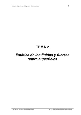 Colección de problemas de Ingeniería Fluidomecánica 21
Dto. de Ing. Nuclear y Mecánica de Fluidos E. U. Politécnica de Donostia – San Sebastián.
TEMA 2
Estática de los fluidos y fuerzas
sobre superficies
 
