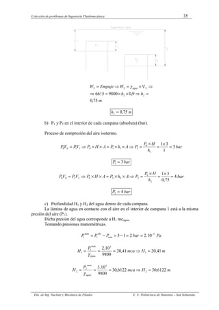 Colección de problemas de Ingeniería Fluidomecánica 35
Dto. de Ing. Nuclear y Mecánica de Fluidos E. U. Politécnica de Donostia – San Sebastián.
m
h
h
W
Empuje
W agua
75
,
0
9
,
0
9800
6615 2
2
2
2
2
=
⇒
×
×
=
⇒
⇒
∀
×
=
⇒
= γ
m
h 75
,
0
2 =
b) P1 y P2 en el interior de cada campana (absoluta) (bar).
Proceso de compresión del aire isotermo.
bar
h
H
P
P
A
h
P
A
H
P
V
P
V
P 3
1
3
1
1
0
1
1
1
0
1
1
0
0 =
×
=
×
=
⇒
×
×
=
×
×
⇒
=
bar
P 3
1 =
bar
h
H
P
P
A
h
P
A
H
P
V
P
V
P 4
75
,
0
3
1
2
0
2
2
2
0
2
2
0
0 =
×
=
×
=
⇒
×
×
=
×
×
⇒
=
bar
P 4
2 =
c) Profundidad H1 y H2 del agua dentro de cada campana.
La lámina de agua en contacto con el aire en el interior de campana 1 está a la misma
presión del aire (P1).
Dicha presión del agua corresponde a H1 mcagua.
Tomando presiones manométricas.
Pa
bar
P
P
P atm
abs
man 5
1
1 10
.
2
2
1
3 −
=
=
−
=
−
=
m
H
mca
P
H
agua
man
41
,
20
41
,
20
9800
10
.
2
1
5
1
1 =
⇒
=
=
=
γ
m
H
mca
P
H
agua
man
6122
,
30
6122
,
30
9800
10
.
3
2
5
2
2 =
⇒
=
=
=
γ
 
