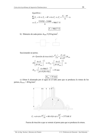 Colección de problemas de Ingeniería Fluidomecánica 38
Dto. de Ing. Nuclear y Mecánica de Fluidos E. U. Politécnica de Donostia – San Sebastián.
N
F
W
F
F
F
W
F
F
Equilibrio
t
V
t
t
V
Y
90617
6
31000
574702
6
6
0
:
=
−
=
⇒
⇒
−
=
⇒
×
+
=
⇒
=
∑
N
Ft 90617
=
b) Diámetro de cada perno. σadm=9,58 kg/mm2
.
Seccionando un perno;
( )
mm
D
F
D
F
D
D
F
S
F
tracción
de
tensión
min
adm
t
min
adm
t
adm
t
t
35
8
,
9
58
,
9
90617
4
4
4
4
2
1
2
1
2
1
2
=






×
×
×
=
⇒






×
×
=
⇒






×
×
〉
〈
×
×
=
=
=
π
σ
π
σ
π
σ
π
σ
mm
Dmin 35
=
c) Altura h alcanzada por el agua en el tubo para que se produzca la rotura de los
pernos, σrotura = 40 kg/mm2
.
N
D
Ft 377148
4
35
8
,
9
40
4
2
2
=
×
×
×
=
×
×
= π
π
σ
Fuerza de tracción a que se somete al perno para que se produzca la rotura.
 