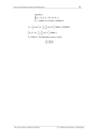 Colección de problemas de Ingeniería Fluidomecánica 39
Dto. de Ing. Nuclear y Mecánica de Fluidos E. U. Politécnica de Donostia – San Sebastián.
N
F
F
W
F
F
Equilibrio
V
t
V
Y
2293888
377148
6
31000
6
0
:
=
×
+
=
⇒
×
+
=
⇒
=
∑
( )
suelo
el
desde
medidas
m
m
h
h
R
h
R
FV
20
96
,
19
9800
2
4
3
2
1
2
2293888
9800
4
3
2
1
3
2
3
2
≈
=
⇒
×






×
×
×
−
×
×
=
⇒
×






×
×
×
−
×
×
=
π
π
π
π
m
h 20
=
 