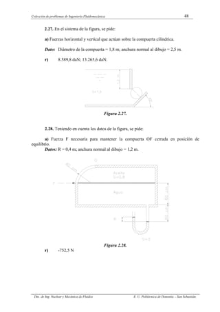 Colección de problemas de Ingeniería Fluidomecánica 48
Dto. de Ing. Nuclear y Mecánica de Fluidos E. U. Politécnica de Donostia – San Sebastián.
2.27. En el sistema de la figura, se pide:
a) Fuerzas horizontal y vertical que actúan sobre la compuerta cilíndrica.
Dato: Diámetro de la compuerta = 1,8 m; anchura normal al dibujo = 2,5 m.
r) 8.589,8 daN; 13.265,6 daN.
Figura 2.27.
2.28. Teniendo en cuenta los datos de la figura, se pide:
a) Fuerza F necesaria para mantener la compuerta OF cerrada en posición de
equilibrio.
Datos: R = 0,4 m; anchura normal al dibujo = 1,2 m.
Figura 2.28.
r) -752,5 N
 