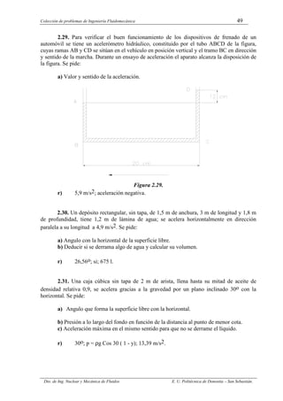 Colección de problemas de Ingeniería Fluidomecánica 49
Dto. de Ing. Nuclear y Mecánica de Fluidos E. U. Politécnica de Donostia – San Sebastián.
2.29. Para verificar el buen funcionamiento de los dispositivos de frenado de un
automóvil se tiene un acelerómetro hidráulico, constituido por el tubo ABCD de la figura,
cuyas ramas AB y CD se sitúan en el vehículo en posición vertical y el tramo BC en dirección
y sentido de la marcha. Durante un ensayo de aceleración el aparato alcanza la disposición de
la figura. Se pide:
a) Valor y sentido de la aceleración.
Figura 2.29.
r) 5,9 m/s2; aceleración negativa.
2.30. Un depósito rectangular, sin tapa, de 1,5 m de anchura, 3 m de longitud y 1,8 m
de profundidad, tiene 1,2 m de lámina de agua; se acelera horizontalmente en dirección
paralela a su longitud a 4,9 m/s2. Se pide:
a) Angulo con la horizontal de la superficie libre.
b) Deducir si se derrama algo de agua y calcular su volumen.
r) 26,56o; si; 675 l.
2.31. Una caja cúbica sin tapa de 2 m de arista, llena hasta su mitad de aceite de
densidad relativa 0,9, se acelera gracias a la gravedad por un plano inclinado 30o con la
horizontal. Se pide:
a) Angulo que forma la superficie libre con la horizontal.
b) Presión a lo largo del fondo en función de la distancia al punto de menor cota.
c) Aceleración máxima en el mismo sentido para que no se derrame el líquido.
r) 30o; p = ρg Cos 30 ( 1 - y); 13,39 m/s2.
 