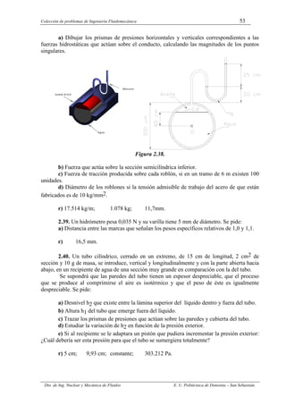 Colección de problemas de Ingeniería Fluidomecánica 53
Dto. de Ing. Nuclear y Mecánica de Fluidos E. U. Politécnica de Donostia – San Sebastián.
a) Dibujar los prismas de presiones horizontales y verticales correspondientes a las
fuerzas hidrostáticas que actúan sobre el conducto, calculando las magnitudes de los puntos
singulares.
Figura 2.38.
b) Fuerza que actúa sobre la sección semicilíndrica inferior.
c) Fuerza de tracción producida sobre cada roblón, si en un tramo de 6 m existen 100
unidades.
d) Diámetro de los roblones si la tensión admisible de trabajo del acero de que están
fabricados es de 10 kg/mm2.
r) 17.514 kg/m; 1.078 kg; 11,7mm.
2.39. Un hidrómetro pesa 0,035 N y su varilla tiene 5 mm de diámetro. Se pide:
a) Distancia entre las marcas que señalan los pesos específicos relativos de 1,0 y 1,1.
r) 16,5 mm.
2.40. Un tubo cilíndrico, cerrado en un extremo, de 15 cm de longitud, 2 cm2 de
sección y 10 g de masa, se introduce, vertical y longitudinalmente y con la parte abierta hacia
abajo, en un recipiente de agua de una sección muy grande en comparación con la del tubo.
Se supondrá que las paredes del tubo tienen un espesor despreciable, que el proceso
que se produce al comprimirse el aire es isotérmico y que el peso de éste es igualmente
despreciable. Se pide:
a) Desnivel h2 que existe entre la lámina superior del líquido dentro y fuera del tubo.
b) Altura h1 del tubo que emerge fuera del líquido.
c) Trazar los prismas de presiones que actúan sobre las paredes y cubierta del tubo.
d) Estudiar la variación de h2 en función de la presión exterior.
e) Si al recipiente se le adaptara un pistón que pudiera incrementar la presión exterior:
¿Cuál debería ser esta presión para que el tubo se sumergiera totalmente?
r) 5 cm; 9,93 cm; constante; 303.212 Pa.
Aceite S=0,6
Agua
Mercurio
 