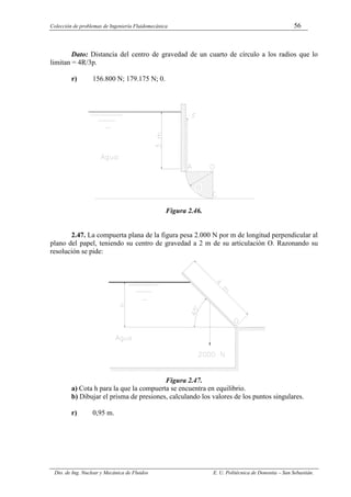 Colección de problemas de Ingeniería Fluidomecánica 56
Dto. de Ing. Nuclear y Mecánica de Fluidos E. U. Politécnica de Donostia – San Sebastián.
Dato: Distancia del centro de gravedad de un cuarto de círculo a los radios que lo
limitan = 4R/3p.
r) 156.800 N; 179.175 N; 0.
Figura 2.46.
2.47. La compuerta plana de la figura pesa 2.000 N por m de longitud perpendicular al
plano del papel, teniendo su centro de gravedad a 2 m de su articulación O. Razonando su
resolución se pide:
Figura 2.47.
a) Cota h para la que la compuerta se encuentra en equilibrio.
b) Dibujar el prisma de presiones, calculando los valores de los puntos singulares.
r) 0,95 m.
 