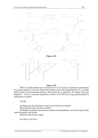 Colección de problemas de Ingeniería Fluidomecánica 62
Dto. de Ing. Nuclear y Mecánica de Fluidos E. U. Politécnica de Donostia – San Sebastián.
Figura 2.56.
Figura 2.56.
2.57. Un cilindro abierto por una base de 0,2 m2
de sección se introduce normalmente
en un gran depósito con la base abierta hacía abajo y hasta una profundidad de 10 m contada
desde la base cerrada permaneciendo en dicha posición en equilibrio. El cilindro tiene una
longitud l = 50 cm y la presión atmosférica exterior es de 760 mm de Hg, permaneciendo la
temperatura constante.
Se pide:
a) ¿Hasta que altura penetrará el agua en el interior del cilindro?.
b) ¿Cuál será el peso de dicho cilindro?.
c) Dibujar los prismas de presiones acotados correspondientes a las fuerzas que actúan
sobre las paredes del cilindro.
Razónese todo lo que se haga.
r) 0,249 m; 491,96 N.
 