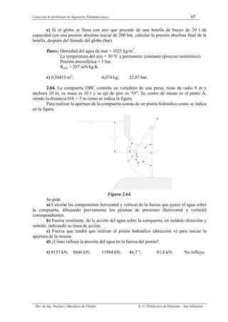 Colección de problemas de Ingeniería Fluidomecánica 65
Dto. de Ing. Nuclear y Mecánica de Fluidos E. U. Politécnica de Donostia – San Sebastián.
c) Si el globo se llena con aire que procede de una botella de buceo de 20 l de
capacidad con una presión absoluta inicial de 200 bar, calcular la presión absoluta final de la
botella, después del llenado del globo (bar).
Datos: Densidad del agua de mar = 1025 kg/m3
.
La temperatura del aire = 30 ºC y permanece constante (proceso isotérmico).
Presión atmosférica = 1 bar.
Raire = 287 mN/kg.K
r) 0,50415 m3
; 4,074 kg; 22,87 bar.
2.64. La compuerta OBC controla un vertedero de una presa, tiene de radio 8 m y
anchura 10 m, su masa es 10 t y su eje de giro es “O”. Su centro de masas es el punto A,
siendo la distancia OA = 5 m como se indica la figura.
Para realizar la apertura de la compuerta consta de un pistón hidraúlico como se indica
en la figura.
Figura 2.64.
Se pide:
a) Calcular las componentes horizontal y vertical de la fuerza que ejerce el agua sobre
la compuerta, dibujando previamente los prismas de presiones (horizontal y vertical)
correspondientes.
b) Fuerza resultante, de la acción del agua sobre la compuerta, en módulo dirección y
sentido, indicando su línea de acción.
c) Fuerza que tendrá que realizar el pistón hidraúlico (dirección x) para iniciar la
apertura de la misma.
d) ¿Cómo influye la presión del agua en la fuerza del pistón?.
r) 8153 kN; 8646 kN; 11884 kN; 46,7 º; 81,8 kN; No influye.
 