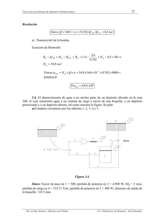 Colección de problemas de Ingeniería Fluidomecánica 73
Dto. de Ing. Nuclear y Mecánica de Fluidos E.U. Politécnica de Donostia – San Sebastián.
Resolución
mcl
hf
hf
s
s
l
Q
Datos CD
AB 5
,
6
;
;
762
,
0
;
/
160
; =
=
=
a) Potencia útil de la bomba.
Ecuación de Bernoulli:
mcl
H
H
B
hf
H
hf
B
m
m
D
CD
m
AB
A
9
,
54
60
5
,
6
762
,
0
6
,
2
15
=
⇒
=
−
+
−
⇒
=
−
+
−
W
Q
H
Potencia m
útil
8
,
65609
9800
762
,
0
10
160
9
,
54 3
=
×
×
×
×
=
×
×
= −
γ
kW
Potútil 61
,
65
=
3.4. El abastecimiento de agua a un núcleo parte de un depósito ubicado en la cota
300, el cual suministra agua a un sistema de riego a través de una boquilla, a un depósito
presurizado y a un depósito abierto, tal como muestra la figura. Se pide:
a) Caudales circulantes por las tuberías 1, 2, 3, 4 y 5.
Figura 3.4.
Datos: Factor de paso de 1 = 500; pérdida de potencia en 2 = 4.900 W; hf3 = 3 mca;
pérdida de carga en 4 = 514,71 Torr; pérdida de potencia en 5 = 490 W; diámetro de salida de
la boquilla = 65,5 mm.
mca
 