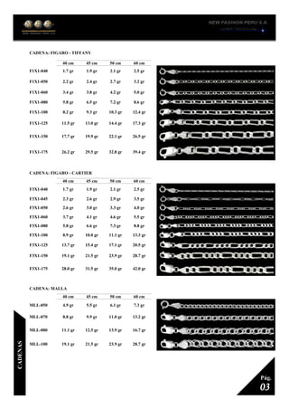 CADENA: FIGARO - TIFFANY
1
40 cm 45 cm 50 cm 60 cm
F1X1-040 1.7 gr 1.9 gr 2.1 gr 2.5 gr
F1X1-050 2.2 gr 2.4 gr 2.7 gr 3.2 gr
F1X1-060 3.4 gr 3.8 gr 4.2 gr 5.0 gr
F1X1-080 5.8 gr 6.5 gr 7.2 gr 8.6 gr
F1X1-100 8.2 gr 9.3 gr 10.3 gr 12.4 gr
F1X1-125 11.5 gr 13.0 gr 14.4 gr 17.3 gr
F1X1-150 17.7 gr 19.9 gr 22.1 gr 26.5 gr
F1X1-175 26.2 gr 29.5 gr 32.8 gr 39.4 gr
CADENA: FIGARO - CARTIER
1
40 cm 45 cm 50 cm 60 cm
F3X1-040 1.7 gr 1.9 gr 2.1 gr 2.5 gr
F3X1-045 2.3 gr 2.6 gr 2.9 gr 3.5 gr
F3X1-050 2.6 gr 3.0 gr 3.3 gr 4.0 gr
F3X1-060 3.7 gr 4.1 gr 4.6 gr 5.5 gr
F3X1-080 5.8 gr 6.6 gr 7.3 gr 8.8 gr
F3X1-100 8.9 gr 10.0 gr 11.1 gr 13.3 gr
F3X1-125 13.7 gr 15.4 gr 17.1 gr 20.5 gr
F3X1-150 19.1 gr 21.5 gr 23.9 gr 28.7 gr
F3X1-175 28.0 gr 31.5 gr 35.0 gr 42.0 gr
CADENA: MALLA
1
40 cm 45 cm 50 cm 60 cm
MLL-050 4.9 gr 5.5 gr 6.1 gr 7.3 gr
MLL-070 8.8 gr 9.9 gr 11.0 gr 13.2 gr
MLL-080 11.1 gr 12.5 gr 13.9 gr 16.7 gr
MLL-100 19.1 gr 21.5 gr 23.9 gr 28.7 gr
03
Pág.
CADENAS
 