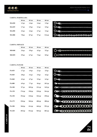 CADENA: MARTILLADA
1
40 cm 45 cm 50 cm 60 cm
MA-030 1.3 gr 1.4 gr 1.6 gr 1.9 gr
MA-035 1.7 gr 1.9 gr 2.1 gr 2.5 gr
MA-050 2.2 gr 2.4 gr 2.7 gr 3.2 gr
MA-080 7.8 gr 8.7 gr 9.7 gr 11.6 gr
CADENA: MONACO
1
40 cm 45 cm 50 cm 60 cm
MO-040 3.4 gr 3.9 gr 4.3 gr 5.2 gr
MO-055 5.9 gr 6.7 gr 7.4 gr 8.9 gr
CADENA: PANCER
1
40 cm 45 cm 50 cm 60 cm
PA-035 1.7 gr 1.9 gr 2.1 gr 2.5 gr
PA-045 2.8 gr 3.2 gr 3.5 gr 4.2 gr
PA-060 4.2 gr 4.7 gr 5.2 gr 6.2 gr
PA-080 6.9 gr 7.7 gr 8.6 gr 10.3 gr
PA-100 9.7 gr 10.9 gr 12.1 gr 14.5 gr
PA-130 17.6 gr 19.8 gr 22.0 gr 26.4 gr
PA-150 19.4 gr 21.8 gr 24.2 gr 29.0 gr
PA-175 32.0 gr 36.0 gr 40.0 gr 48.0 gr
PA-200 36.8 gr 41.4 gr 46.0 gr 55.2 gr
PA-220 45.5 gr 51.2 gr 56.9 gr 68.3 gr
04
Pág.
CADENAS
 