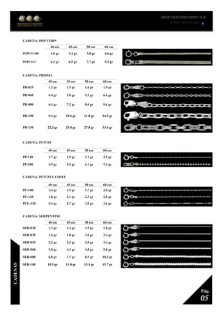 CADENA: POP CORN
1
40 cm 45 cm 50 cm 60 cm
POPCO-180 3.0 gr 3.4 gr 3.8 gr 4.6 gr
POPCO-3 6.2 gr 6.9 gr 7.7 gr 9.2 gr
CADENA: PRISMA
1
40 cm 45 cm 50 cm 60 cm
PR-035 1.3 gr 1.5 gr 1.6 gr 1.9 gr
PR-060 4.4 gr 5.0 gr 5.5 gr 6.6 gr
PR-080 6.4 gr 7.2 gr 8.0 gr 9.6 gr
PR-100 9.4 gr 10.6 gr 11.8 gr 14.2 gr
PR-150 22.2 gr 25.0 gr 27.8 gr 33.4 gr
CADENA: PUNTO
1
40 cm 45 cm 50 cm 60 cm
PP-120 1.7 gr 1.9 gr 2.1 gr 2.5 gr
PP-200 4.9 gr 5.5 gr 6.1 gr 7.4 gr
CADENA: PUNTO Y COMA
1
40 cm 45 cm 50 cm 60 cm
PC-100 1.4 gr 1.5 gr 1.7 gr 2.0 gr
PC-120 1.8 gr 2.1 gr 2.3 gr 2.8 gr
PCL-120 2.4 gr 2.7 gr 3.0 gr 3.6 gr
CADENA: SERPENTINE
1
40 cm 45 cm 50 cm 60 cm
SER-030 1.2 gr 1.4 gr 1.5 gr 1.8 gr
SER-035 1.6 gr 1.8 gr 2.0 gr 2.4 gr
SER-045 2.2 gr 2.5 gr 2.8 gr 3.4 gr
SER-060 3.8 gr 4.3 gr 4.8 gr 5.8 gr
SER-080 6.8 gr 7.7 gr 8.5 gr 10.2 gr
SER-100 10.5 gr 11.8 gr 13.1 gr 15.7 gr
05
Pág.
CADENAS
 