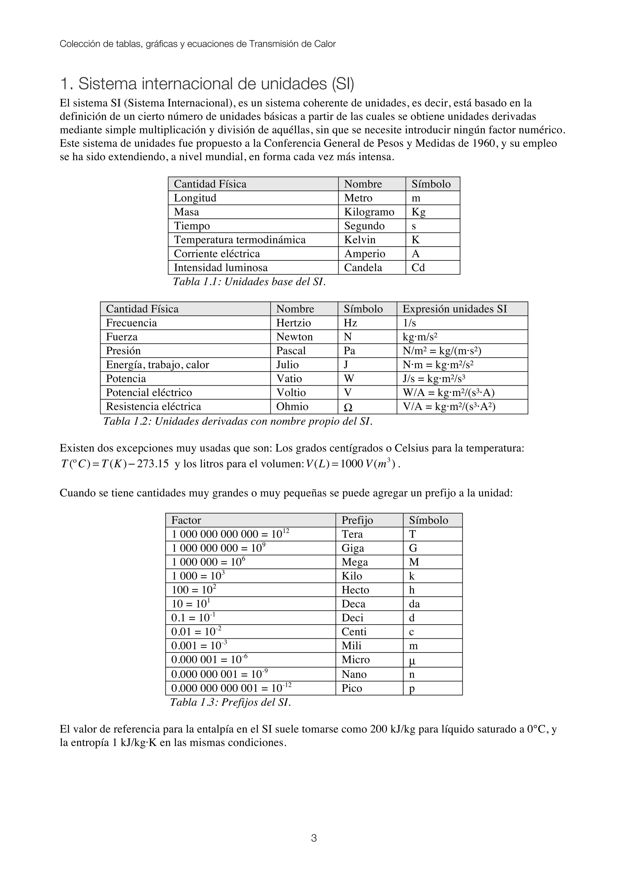 Colección de tablas, gráficas y ecuaciones de Transmisión de Calor
3
1. Sistema internacional de unidades (SI)
El sistema SI (Sistema Internacional), es un sistema coherente de unidades, es decir, está basado en la
definición de un cierto número de unidades básicas a partir de las cuales se obtiene unidades derivadas
mediante simple multiplicación y división de aquéllas, sin que se necesite introducir ningún factor numérico.
Este sistema de unidades fue propuesto a la Conferencia General de Pesos y Medidas de 1960, y su empleo
se ha sido extendiendo, a nivel mundial, en forma cada vez más intensa.
Cantidad Física Nombre Símbolo
Longitud Metro m
Masa Kilogramo Kg
Tiempo Segundo s
Temperatura termodinámica Kelvin K
Corriente eléctrica Amperio A
Intensidad luminosa Candela Cd
Tabla 1.1: Unidades base del SI.
Cantidad Física Nombre Símbolo Expresión unidades SI
Frecuencia Hertzio Hz 1/s
Fuerza Newton N kg·m/s²
Presión Pascal Pa N/m² = kg/(m·s²)
Energía, trabajo, calor Julio J N·m = kg·m²/s²
Potencia Vatio W J/s = kg·m²/s³
Potencial eléctrico Voltio V W/A = kg·m²/(s³·A)
Resistencia eléctrica Ohmio Ω V/A = kg·m²/(s³·A²)
Tabla 1.2: Unidades derivadas con nombre propio del SI.
Existen dos excepciones muy usadas que son: Los grados centígrados o Celsius para la temperatura:
T(ºC) = T(K)− 273.15 y los litros para el volumen:V(L) = 1000 V(m3
) .
Cuando se tiene cantidades muy grandes o muy pequeñas se puede agregar un prefijo a la unidad:
Factor Prefijo Símbolo
1 000 000 000 000 = 1012
Tera T
1 000 000 000 = 109
Giga G
1 000 000 = 106
Mega M
1 000 = 103
Kilo k
100 = 102
Hecto h
10 = 101
Deca da
0.1 = 10-1
Deci d
0.01 = 10-2
Centi c
0.001 = 10-3
Mili m
0.000 001 = 10-6
Micro µ
0.000 000 001 = 10-9
Nano n
0.000 000 000 001 = 10-12
Pico p
Tabla 1.3: Prefijos del SI.
El valor de referencia para la entalpía en el SI suele tomarse como 200 kJ/kg para líquido saturado a 0°C, y
la entropía 1 kJ/kg·K en las mismas condiciones.
 