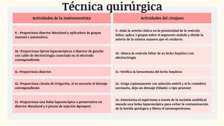 Actividades de la instrumentista Actividades del cirujano
9.- Proporciona disector Maryland y aplicadora de grapas
manual o automática.
9.-Aísla la arteria cística en la proximidad de la vesícula
biliar; aplica 3 grapas sobre el segmento aislado y divide la
arteria de la misma manera que el conducto.
10.-Proporciona tijeras laparoscópicas o disector de gancho
con cable de electrocirugía conectado en el electrodo
correspondiente.
10.-Diseca la vesícula biliar de su lecho hepático con
electrocirugía
11.-Proporciona disector. 11.-Verifica la hemostasia del lecho hepático.
12.-Proporciona cánula de irrigación, si es neceario el drenaje
correspondiente.
12.-Irriga copiosamente con solución estéril y si lo considera
necesario, deja un drenaje (Silastic o tipo penrose)
13.-Proporciona una bolsa laparoscópica o preservativo en
disector Maryland y 2 pinzas de sujeción 8grasper)
13.-Exterioriza el espécimen a través de la incisión umbilical
usando una bolsa laparoscópica para evitar la contaminación
de la herida qurúrgica y libera el neumoperitoneo.
Técnica quirúrgica
 