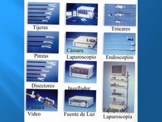 Tijeras 
Pinzas 
Disectores 
Cámara 
Laparoscopio 
Trócares 
Endoscopios 
Equipo de 
Laparoscopía 
Insuflador 
Cámara 
Video Fuente de Luz 
 