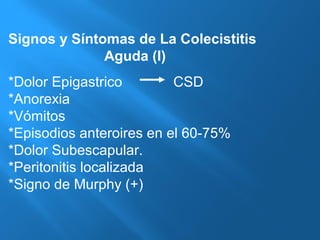 Signos y Síntomas de La Colecistitis 
Aguda (I) 
*Dolor Epigastrico CSD 
*Anorexia 
*Vómitos 
*Episodios anteroires en el 60-75% 
*Dolor Subescapular. 
*Peritonitis localizada 
*Signo de Murphy (+) 
 