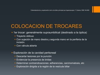 COLOCACION DE TROCARES
 1er trocar: generalmente supraumbilical (destinado a la óptica)
 Trayecto oblicuo
 Con sujeción de mano diestra y segunda mano en la periferia de la
incisión.
 Con válvula abierta
 Exploración de la cavidad peritoneal
 Descartar lesiones por la punción
 Evidenciar la presencia de bridas
 Determinar contraindicaciones: adherencias, carcinomatosis, etc
 Exploración dirigida a la región de la vesícula biliar
Colecistectomía y exploración de la vía biliar principal por laparoscopia, F. Dubois, EMC 40-950
 