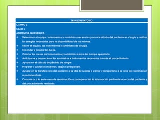 TRANSOPERATORIO
CAMPO 2
CLASE J
ASISTENCIA QUIRÚRGICA
 Determinar el equipo, instrumentos y suministros necesarios para el cuidado del paciente en cirugía y realizar
los arreglos necesarios para la disponibilidad de los mismos.
 Reunir el equipo, los instrumentos y suministros de cirugía.
 Encender y colocar las luces.
 Colocar las mesas de instrumentos y suministros cerca del campo operatorio.
 Anticiparse y proporcionar los suministros e instrumentos necesarios durante el procedimiento.
 Ayudar en el cálculo de pérdida de sangre.
 Preparar y cuidar las muestras, según corresponda.
 Ayudar en la transferencia del paciente a la silla de ruedas o cama y transportarlo a la zona de reanimación
o postoperatoria.
 Comunicar a la enfermera de reanimación o postoperación la información pertinente acerca del paciente y
del procedimiento realizado.
 