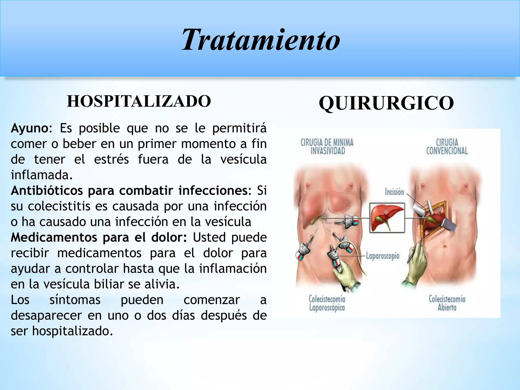 Tratamiento
HOSPITALIZADO QUIRURGICO
Ayuno: Es posible que no se le permitirá
comer o beber en un primer momento a fin
de tener el estrés fuera de la vesícula
inflamada.
Antibióticos para combatir infecciones: Si
su colecistitis es causada por una infección
o ha causado una infección en la vesícula
Medicamentos para el dolor: Usted puede
recibir medicamentos para el dolor para
ayudar a controlar hasta que la inflamación
en la vesícula biliar se alivia.
Los síntomas pueden comenzar a
desaparecer en uno o dos días después de
ser hospitalizado.
 