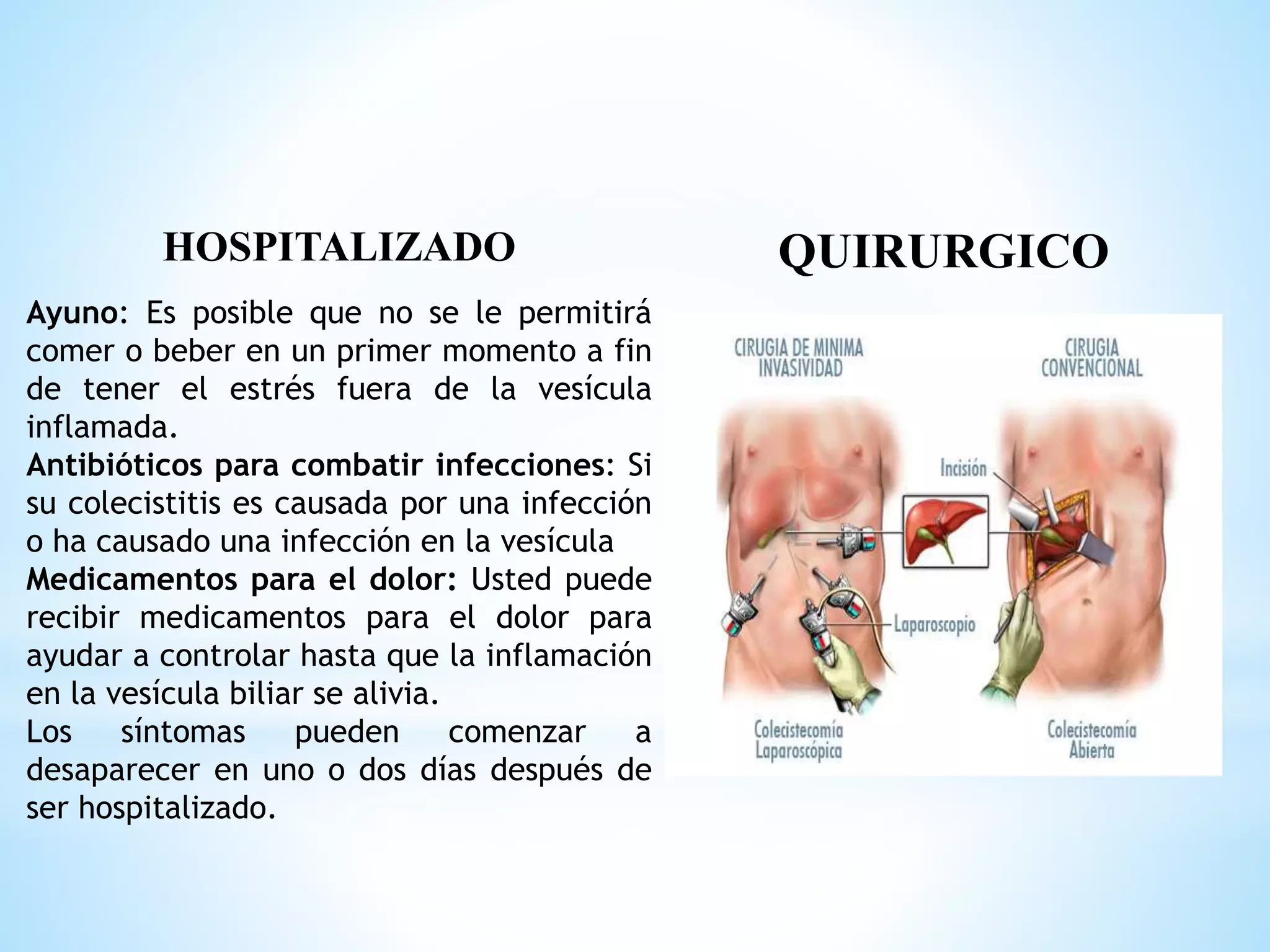 HOSPITALIZADO QUIRURGICO
Ayuno: Es posible que no se le permitirá
comer o beber en un primer momento a fin
de tener el estrés fuera de la vesícula
inflamada.
Antibióticos para combatir infecciones: Si
su colecistitis es causada por una infección
o ha causado una infección en la vesícula
Medicamentos para el dolor: Usted puede
recibir medicamentos para el dolor para
ayudar a controlar hasta que la inflamación
en la vesícula biliar se alivia.
Los síntomas pueden comenzar a
desaparecer en uno o dos días después de
ser hospitalizado.
 