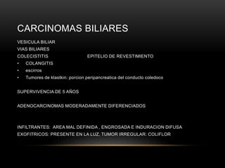 CARCINOMAS BILIARES
VESICULA BILIAR
VIAS BILIARES
COLECISTITIS EPITELIO DE REVESTIMIENTO
• COLANGITIS
• escirros
• Tumores de klastkin: porcion peripancreatica del conducto coledoco
SUPERVIVENCIA DE 5 AÑOS
ADENOCARCINOMAS MODERADAMENTE DIFERENCIADOS
INFILTRANTES: AREA MAL DEFINIDA , ENGROSADA E INDURACION DIFUSA
EXOFITRICOS: PRESENTE EN LA LUZ, TUMOR IRREGULAR: COLIFLOR
 