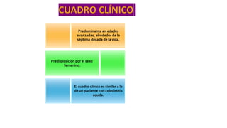 Predominante en edades
avanzadas, alrededor de la
séptima década de la vida.
Predisposición por el sexo
femenino.
El cuadro clínico es similar a la
de un paciente con colecistitis
aguda.
 