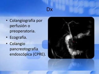 Dx
• Colangiografía por
perfusión o
preoperatoria.
• Ecografía.
• Colangio
pancreotografía
endoscópica (CPRE).
 