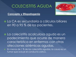  La CA es secundaria a cálculos biliares
en 90 a 95 % de los pacientes.
 La colecistitis acalculosa aguda es un
padecimiento que ocurre de manera
característica en enfermos con otras
afecciones sistémicas agudas.
 En menos de 1 % de las colecistitis agudas, la causa es un
tumor que ocluye el conducto cístico.
Concepto y Etiopatogenia
 