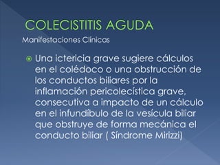  Una ictericia grave sugiere cálculos
en el colédoco o una obstrucción de
los conductos biliares por la
inflamación pericolecística grave,
consecutiva a impacto de un cálculo
en el infundíbulo de la vesícula biliar
que obstruye de forma mecánica el
conducto biliar ( Síndrome Mirizzi)
Manifestaciones Clínicas
 