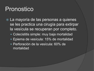 Pronostico
 La mayoría de las personas a quienes
se les practica una cirugía para extirpar
la vesícula se recuperan por completo.
 Colecistitis simple: muy baja mortalidad
 Epiema de vesícula: 15% de mortalidad
 Perforación de la vesícula: 60% de
mortalidad
 