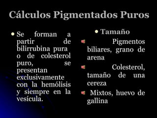 Cálculos Pigmentados Puros <ul><li>Se forman a partir de bilirrubina pura  o de colesterol puro, se presentan exclusivamen...