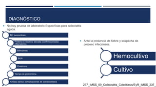 DIAGNÓSTICO
 No hay prueba de laboratorio Específicas para colecistitis
aguda.
BH: Leucocitosis
Proteína C reactiva: elevada (confirma proceso
inflamatorio).
Bilirrubinas
BUN
Creatinina
Tiempo de protrombina
Amilasa sérica: complicaciones de coledocolitiasis
 Ante la presencia de fiebre y sospecha de
proceso infecciosos.
Hemocultivo
Cultivo
237_IMSS_09_Colecistitis_Colelitiasis/EyR_IMSS_237_0
 