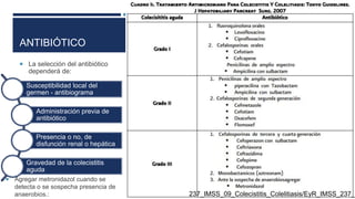 ANTIBIÓTICO
 La selección del antibiótico
dependerá de:
Susceptibilidad local del
germen - antibiograma
Administración previa de
antibiótico
Presencia o no, de
disfunción renal o hepática
Gravedad de la colecistitis
aguda
 Agregar metronidazol cuando se
detecta o se sospecha presencia de
anaerobios.: 237_IMSS_09_Colecistitis_Colelitiasis/EyR_IMSS_237_0
 