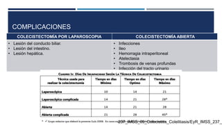 COMPLICACIONES
COLECISTECTOMÍA POR LAPAROSCOPIA COLECISTECTOMÍA ABIERTA
• Lesión del conducto biliar.
• Lesión del intestino.
• Lesión hepática.
• Infecciones
• Ileo
• Hemorragia intraperitoneal
• Atelectasia
• Trombosis de venas profundas
• Infección del tracto urinario
237_IMSS_09_Colecistitis_Colelitiasis/EyR_IMSS_237_0
 
