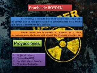 Prueba de BOYDEN:
Si se observa la vesícula biliar en la placa se realiza la prueba
de Boyden que se hace para estudiar la contractibilidad de la misma
que lleva a la evacuación de la vesícula.
Puede ocurrir que la vesícula no aparezca en la placa,
estamos en presencia de una vesícula excluida. Esto puede ser porque:
Proyecciones
1. PA (localizadora).
2. Oblicua PA (OAI) .
3. Decúbito lateral derecho.
4. PA en bipedestación.
 