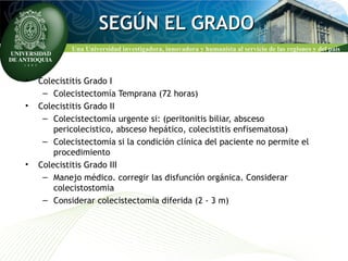 SSEEGGÚÚNN EELL GGRRAADDOO 
Una Universidad investigadora, innovadora y humanista al servicio de las regiones y del país 
• Colecistitis Grado I 
– Colecistectomía Temprana (72 horas) 
• Colecistitis Grado II 
– Colecistectomía urgente si: (peritonitis biliar, absceso 
pericolecistico, absceso hepático, colecistitis enfisematosa) 
– Colecistectomía si la condición clínica del paciente no permite el 
procedimiento 
• Colecistitis Grado III 
– Manejo médico. corregir las disfunción orgánica. Considerar 
colecistostomia 
– Considerar colecistectomia diferida (2 - 3 m) 
 