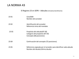 El Registro 23 en SEPA – Adeudos (Iniciativa beneficiario)
23 01
23 02
23 03
23 04
23 05
Core/B2B
Nombre del acreedor
Identificación del acreedor
Referencia única del mandato
Propósito del adeudo(AT-58)
Categoría del propósito (AT-59)
Concepto (68 posiciones)
Continuación del concepto (72 posiciones)
Referencia asignada por el acreedor para identificar cada adeudo
Nombre del deudor/último deudor
LA NORMA 43
14
 