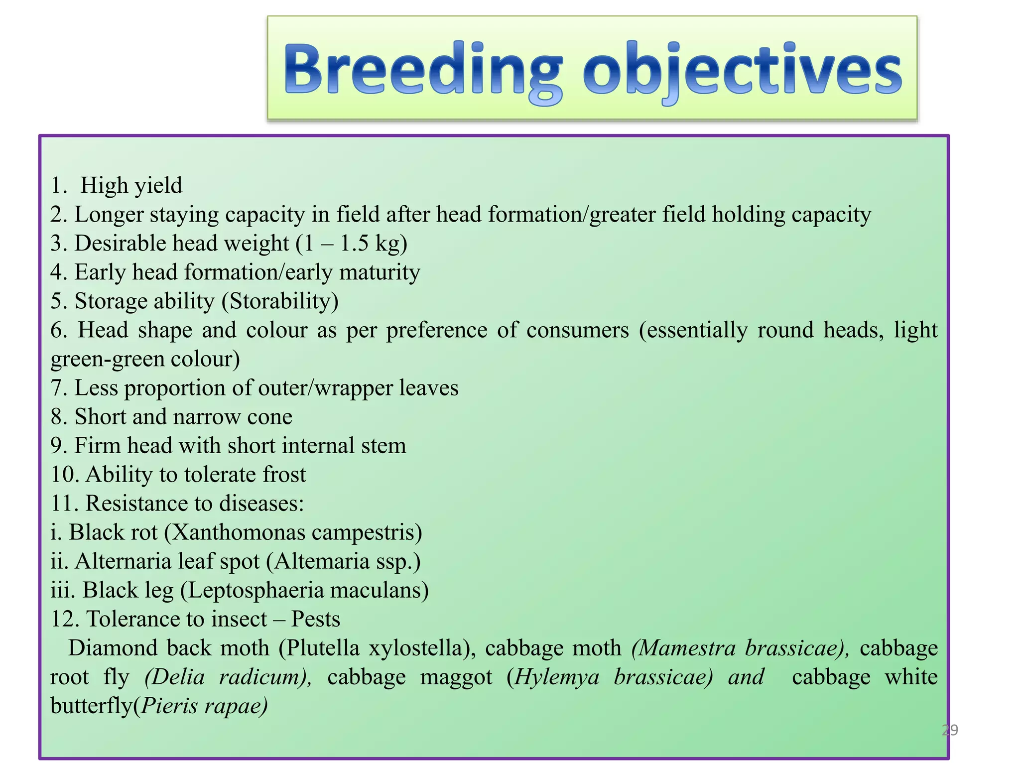 1. High yield
2. Longer staying capacity in field after head formation/greater field holding capacity
3. Desirable head weight (1 – 1.5 kg)
4. Early head formation/early maturity
5. Storage ability (Storability)
6. Head shape and colour as per preference of consumers (essentially round heads, light
green-green colour)
7. Less proportion of outer/wrapper leaves
8. Short and narrow cone
9. Firm head with short internal stem
10. Ability to tolerate frost
11. Resistance to diseases:
i. Black rot (Xanthomonas campestris)
ii. Alternaria leaf spot (Altemaria ssp.)
iii. Black leg (Leptosphaeria maculans)
12. Tolerance to insect – Pests
Diamond back moth (Plutella xylostella), cabbage moth (Mamestra brassicae), cabbage
root fly (Delia radicum), cabbage maggot (Hylemya brassicae) and cabbage white
butterfly(Pieris rapae)
29
 