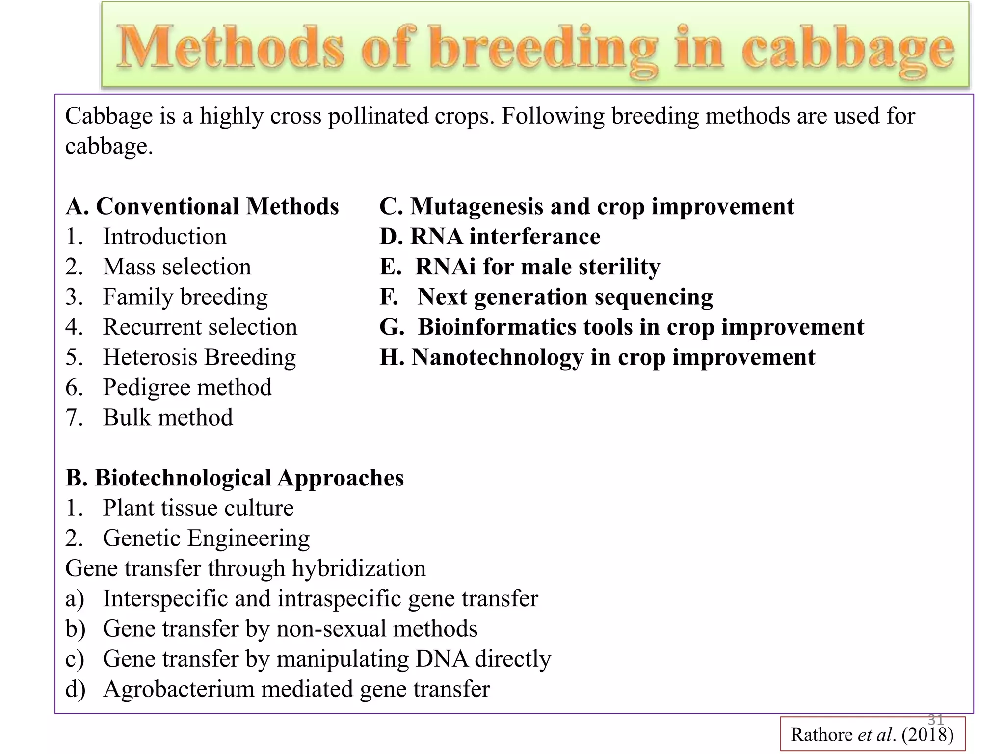 Cabbage is a highly cross pollinated crops. Following breeding methods are used for
cabbage.
A. Conventional Methods C. Mutagenesis and crop improvement
1. Introduction D. RNA interferance
2. Mass selection E. RNAi for male sterility
3. Family breeding F. Next generation sequencing
4. Recurrent selection G. Bioinformatics tools in crop improvement
5. Heterosis Breeding H. Nanotechnology in crop improvement
6. Pedigree method
7. Bulk method
B. Biotechnological Approaches
1. Plant tissue culture
2. Genetic Engineering
Gene transfer through hybridization
a) Interspecific and intraspecific gene transfer
b) Gene transfer by non-sexual methods
c) Gene transfer by manipulating DNA directly
d) Agrobacterium mediated gene transfer
Rathore et al. (2018)
31
 