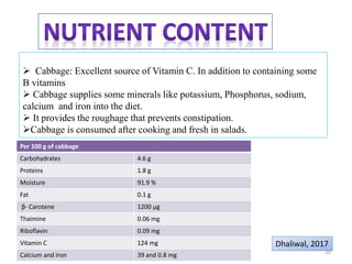  Cabbage: Excellent source of Vitamin C. In addition to containing some
B vitamins
 Cabbage supplies some minerals like potassium, Phosphorus, sodium,
calcium and iron into the diet.
 It provides the roughage that prevents constipation.
Cabbage is consumed after cooking and fresh in salads.
Dhaliwal, 2017
Per 100 g of cabbage
Carbohydrates 4.6 g
Proteins 1.8 g
Moisture 91.9 %
Fat 0.1 g
β- Carotene 1200 μg
Thaimine 0.06 mg
Riboflavin 0.09 mg
Vitamin C 124 mg
Calcium and iron 39 and 0.8 mg
10
 