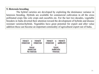 5. Heterosis breeding
The hybrid varieties are developed by exploiting the dominance variance in
heterosis breeding. Hybrids are available for commercial cultivation in all the cross
pollinated crops like cole crops and cucurbits etc. For the last two decades, vegetable
breeders in India diverted their attention toward the development of hybrids and disease
resistant varieties/hybrids. Vegetables have great potential for export and after value
addition these can become an important commodity of agricultural export out of India.
34
 