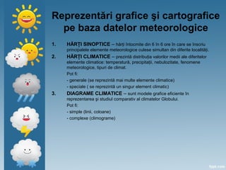 Reprezentări grafice şi cartografice
pe baza datelor meteorologice
1. HĂRŢI SINOPTICE – hărţi întocmite din 6 în 6 ore în care se înscriu
principalele elemente meteorologice culese simultan din diferite localităţi.
2. HĂRŢI CLIMATICE – prezintă distribuţia valorilor medii ale diferitelor
elemente climatice: temperatură, precipitaţii, nebulozitate, fenomene
meteorologice, tipuri de climat.
Pot fi:
- generale (se reprezintă mai multe elemente climatice)
- speciale ( se reprezintă un singur element climatic)
3. DIAGRAME CLIMATICE – sunt modele grafice eficiente în
reprezentarea şi studiul comparativ al climatelor Globului.
Pot fi:
- simple (linii, coloane)
- complexe (climograme)
 