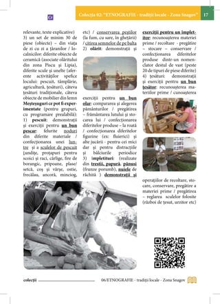 Colecţia 02: “ETNOGRAFIE - tradiţii locale - Zona Snagov”           17


relevante, texte explicative)       etc) / conservarea peştilor      exerciţii pentru un împlet-
3) un set de minim 30 de            (la fum, cu sare, în gheţării)   itor: recunoaşterea materiei
piese (obiecte) – din viaţa         / citirea semnelor de pe balta   prime / recoltare - pregătire
de zi cu zi a ţăranilor / lo-       2) olărit: demonstraţii şi       – stocare – conservare /
calnicilor: diferite obiecte de                                      confecţionarea diferitelor
ceramică (asociate olăritului                                        produse dintr-un nomen-
din zona Piscu şi Lipia),                                            clator destul de vast (peste
diferite scule şi unelte (afer-                                      20 de tipuri de piese diferite)
ente activităţilor spefice                                           4) ţesături: demonstraţii
locului: pescuit, tâmplărie,                                         şi exerciţii pentru un bun
agricultură, ţesături), câteva                                       ţesător: recunoaşterea ma-
ţesături tradiţionale, câteva                                        teriilor prime / cunoaşterea
obiecte de mobilier din lemn        exerciţii pentru un bun
Meşteşuguri ce pot fi exper-        olar: compararea şi alegerea
imentate (pentru grupuri,           pământurilor / pregătirea
cu programare prealabilă):          – frământarea lutului şi sto-
1) pescuit: demonstraţii            carea lui / confecţionarea
şi exerciţii pentru un bun          diferitelor produse – la roată
pescar: felurite noduri             / confecţionarea diferitelor
din diferite materiale /            figurine (ex: fluierici) şi
confecţionarea unei lun-            alte jucării - pentru cei mici
tre şi a sculelor de pescuit        dar şi pentru distracţiile
(undiţe, proţapuri pentru           şi     bâlciurile   periodice
scoici şi raci, cârlige, fire de    3) împletituri: (realizate
borangic, pripoane, plase/          din trestii, papură, pănusi
setcă, coş şi vârşe, ostie,         (frunze porumb), nuiele de
frecălau, ancoră, minciog,          răchită ) demonstraţii şi
                                                                     operaţiilor de recoltare, sto-
                                                                     care, conservare, pregătire a
                                                                     materiei prime / pregătirea
                                                                     – reglarea sculelor folosite
                                                                     (război de ţesut, urzitor etc)




colecții                                      06/ETNOGRAFIE - tradiţii locale - Zona Snagov
 