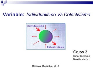 Variable: Individualismo Vs Colectivismo




                                       Grupo 3
                                       Omar Sulbarán
                                       Nerelis Marrero

             Caracas, Diciembre 2012
 