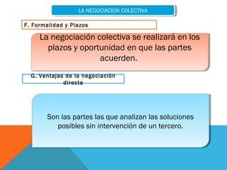 LA NEGOCIACION COLECTIVA
                   LA NEGOCIACION COLECTIVA

F. Formalidad y Plazos

     La negociación colectiva se realizará en los
     La negociación colectiva se realizará en los
       plazos y oportunidad en que las partes
        plazos y oportunidad en que las partes
                      acuerden.
                      acuerden.
  G. Ventajas de la negociación
             directa




       Son las partes las que analizan las soluciones
       Son las partes las que analizan las soluciones
          posibles sin intervención de un tercero.
          posibles sin intervención de un tercero.
 
