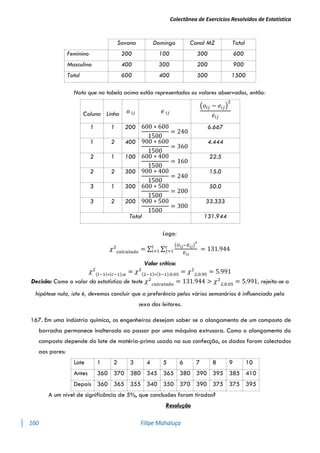 Colectânea de Exercícios Resolvidos de Estatística
160 Filipe Mahaluça
Savana Domingo Canal MZ Total
Feminino 200 100 300 600
Masculino 400 300 200 900
Total 600 400 500 1500
Nota que na tabela acima estão representados os valores observados, então:
Coluna Linha 𝑜 𝑖𝑗 𝑒 𝑖𝑗
(𝑜𝑖𝑗 − 𝑒𝑖𝑗)
2
𝑒𝑖𝑗
1 1 200 600 ∗ 600
1500
= 240
6.667
1 2 400 900 ∗ 600
1500
= 360
4.444
2 1 100 600 ∗ 400
1500
= 160
22.5
2 2 300 900 ∗ 400
1500
= 240
15.0
3 1 300 600 ∗ 500
1500
= 200
50.0
3 2 200 900 ∗ 500
1500
= 300
33.333
Total 131.944
Logo:
𝜒2
𝑐𝑎𝑙𝑐𝑢𝑙𝑎𝑑𝑜
= ∑ ∑
(𝑂𝑖𝑗−𝐸𝑖𝑗)
2
𝐸𝑖𝑗
𝑐
𝑗=1
𝑙
𝑖=1 = 131.944
Valor crítico:
𝜒2
(𝑙−1)∗(𝑐−1);𝛼 = 𝜒2
(2−1)∗(3−1);0.05 = 𝜒2
2;0.95
= 5.991
Decisão: Como o valor da estatística de teste 𝜒2
𝑐𝑎𝑙𝑐𝑢𝑙𝑎𝑑𝑜
= 131.944 > 𝜒2
2;0.05
= 5.991, rejeita-se a
hipótese nula, isto é, devemos concluir que a preferência pelos vários semanários é inﬂuenciada pelo
sexo dos leitores.
167. Em uma indústria química, os engenheiros desejam saber se o alongamento de um composto de
borracha permanece inalterado ao passar por uma máquina extrusora. Como o alongamento do
composto depende do lote de matéria-prima usado na sua confecção, os dados foram colectados
aos pares:
Lote 1 2 3 4 5 6 7 8 9 10
Antes 360 370 380 345 365 380 390 395 385 410
Depois 360 365 355 340 350 370 390 375 375 395
A um nível de significância de 5%, que conclusões foram tiradas?
Resolução
 