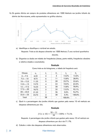 Colectânea de Exercícios Resolvidos de Estatística
26 Filipe Mahaluça
16. Os gastos diários em compra de produtos alimentares em 1000 Meticais nos jardins infantis do
distrito de Marracuene, estão apresentados no gráfico abaixo.
a) Identifique e classifique a variável em estudo.
Resposta: Trata-se da despesa alimentar em 1000 Meticais. É uma variável quantitativa
discreta.
b) Organize os dados em tabela de frequências (classe, ponto médio, frequências absoluta
e relativa simples e acumulada).
Resolução
Como trata-se do histograma, a tabela de frequência será:
Classes xi fi Fi fr Fr
5----7.5 6.25 5 5 13.2% 13.2%
7.5----10 8.75 6 11 15.8% 28.9%
10----12.5 11.25 9 20 23.7% 52.6%
12.5----15 13.75 4 24 10.5% 63.2%
15----17.5 16.25 6 30 15.8% 78.9%
17.5----20 18.75 5 35 13.2% 92.1%
20----22.5 21.25 1 36 2.6% 94.7%
22.5----25 23.75 2 38 5.3% 100.0%
Total - 38 - 100.0% -
c) Qual é a percentagem dos jardins infantis que gastam pelo menos 10 mil meticais em
despesas alimentares por dia.
Resolução
𝑓𝑟(𝑥 ≥ 10) =
38 − 11
38
∗ 100% = 71.1%
Resposta: A percentagem dos jardins infantis que gastam pelo menos 10 mil meticais em
despesas alimentares por dia é de 71.1%.
d) Calcule o valor das despesas alimentares mais observadas.
 