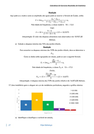 Colectânea de Exercícios Resolvidos de Estatística
27 Filipe Mahaluça
Resolução
Aqui pede se a moda e como as amplitudes são iguais pode-se recorrer a fórmula de Czuber, então:
𝑥
̂ = 𝑙𝑖𝑚𝑖𝑛𝑓 +
𝑓𝑖𝑥
̂ − 𝑓𝑥
̂𝑖−1
2 ∗ 𝑓𝑖𝑥
̂ − (𝑓𝑥
̂𝑖−1 + 𝑓𝑥
̂𝑖+1)
∗ 𝑎𝑖
Pela tabela de frequências, a classe modal é: 10----12.5
Logo:
𝑥
̂ = 10 +
9 − 6
2 ∗ 9 − (6 + 4)
∗ 2.5 = 10.9375
Interpretação: O valor das despesas alimentares mais observadas é de 10.937,50
Meticais.
e) Calcule a despesa máxima dos 75% dos jardins infantis.
Resolução
Para encontrar as despesas máximas dos 75% dos jardins infantis, deve-se determinar o
𝑃75.
Como os dados estão agrupados em classes, pode se usar a seguinte fórmula:
𝑃𝑖 = 𝑙𝑖𝑚𝑖𝑛𝑓 +
𝑖𝑛
100
− 𝐹𝑖−1
𝑓𝑖
∗ 𝑎𝑖
Pela tabela de frequências, a classe 𝑃75 é: 15----17.5
𝐸𝑛𝑡ã𝑜,
𝑃75 = 15 +
75 ∗ 38
100
− 24
6
∗ 2.5 = 16.875
Interpretação: A despesa máxima dos 75% dos jardins infantis é de 16.875,00 Meticais.
17. Uma imobiliária gere o aluguer em u.m de residências particulares, segundo o gráfico abaixo:
a) Identifique e classifique a variável em estudo;
1=[0-200[
2=[200-400[
3=[400-600[
4=[600-800[
5=[800-1000[
 