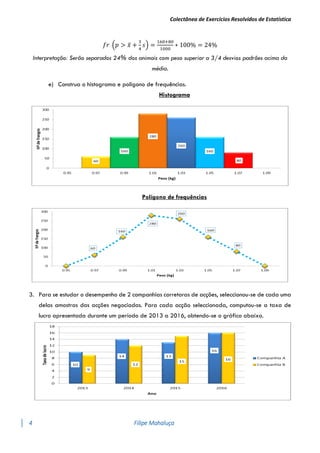 Colectânea de Exercícios Resolvidos de Estatística
4 Filipe Mahaluça
𝑓𝑟 (𝑝 > 𝑥̅ +
3
4
𝑠) =
160+80
1000
∗ 100% = 24%
Interpretação: Serão separados 24% dos animais com peso superior a 3/4 desvios padrões acima da
média.
e) Construa o histograma e polígono de frequências.
Histograma
Polígono de frequências
3. Para se estudar o desempenho de 2 companhias corretoras de acções, seleccionou-se de cada uma
delas amostras das acções negociadas. Para cada acção seleccionada, computou-se a taxa de
lucro apresentada durante um período de 2013 a 2016, obtendo-se o gráfico abaixo.
 